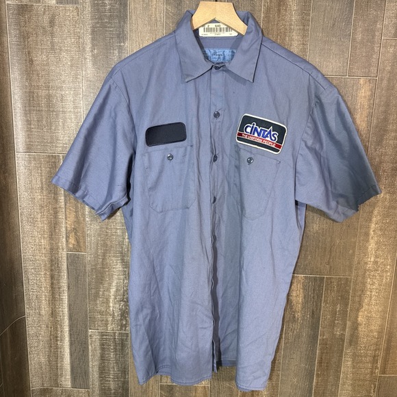 Cintas ComfortFlex Work Shirt Blue Gray Short Sleeve Button Up Size L - Picture 1 of 12